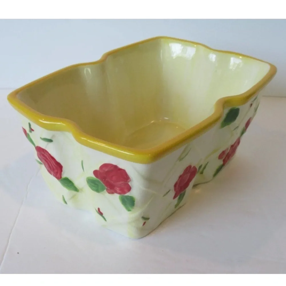 Yellow Old World Rose 8 Pc Set 2 Ceramic 1 QT Plates Lids Baskets